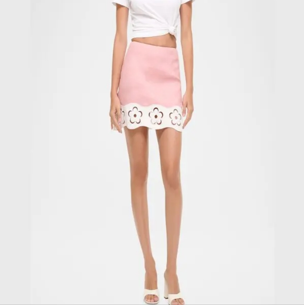 STAUD MARGAUX MINI LINEN SKIRT FADED BLUSH WHITE NWT SZ 2